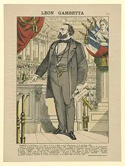 Dessin montrant un homme se tenant debout à l'Assemblée devant plusieurs symboles républicains.