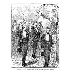 Caricature de presse montrant des hommes accompagnant un corbillard.