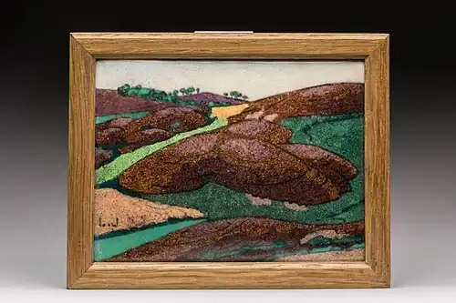 « La montagne limousine », 1947, émail sur plaque de cuivre, signé des initiales L.J, 9,5x12,5 cm. Collection particulière.