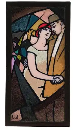 « Couple se tenant la main », émail sur plaque de cuivre, signé des initiales L.J, 12x6,4 cm. Collection particulière.