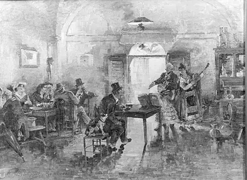 Scène de cabaret à Rome. La salle est remplie de personnages qui observent un groupe de trois musiciens, une femme qui joue de la guitare, un homme et une fillette qui jouent du violon.