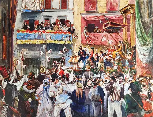 Peinture représentant le Carnaval à Rome vers 1885. Un groupe important de personnages, déguisés et au milieu des confettis, fêtent dans les rues de Rome le Carnaval.