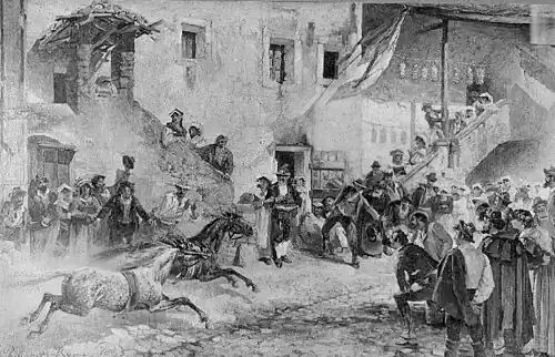 Peinture qui représente le lâcher de chevaux dans les rues de Rome, typique des fêtes du Carnaval, nommé la course des barberi.