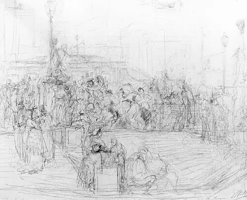 Croquis qui représente un groupe d'une vingtaine de personnes fêtant le carnaval dans les rues de Rome.