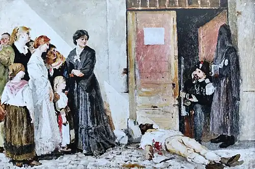 Peinture qui représente l'agonie d'un homme poignardé en pleine rue tandis qu'auprès du corps s'agglutinent les femmes du voisinage, un gendarme venu constater le délit et un pénitent noir appelé sur les lieux pour assister le mourant.