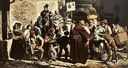 Des bohémiens chantent accompagnés d'une guitare et d'un violon, contant dans leur Canzonetta l'histoire de deux amoureux, comme l'indique le panonceau posé à leurs côtés. Un public bigarré leur prête l'oreille : hommes et femmes du peuple revenant du marché, enfants, mendiants, jeune mère et son bébé sont arrêtés là. Seul à l'avant-plan, un moine franciscain tirant son âne traverse la composition sans se soucier des musiciens, ce qui n'est pas du goût du quadrupède, effrayé sans doute, qui renâcle à continuer sa route.