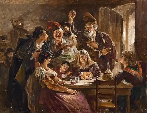 Une dame âgée est assise à une table, entourée d'une demi-douzaine de personnes très joyeuses qui semblent célébrer la grand-mère au centre du tableau.
