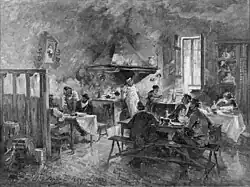 Peinture représentant une scène de dîner populaire dans une osteria à Rome. De nombreux personnages sont attablés et mangent dans l'animation générale.