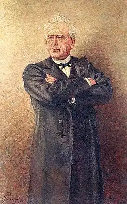 Portrait de l'ancien premier ministre belge Wathère Frère-Orban, portant un costume noir sur un décor de fond jaune.