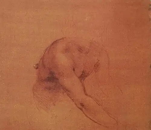 Dessin à la sanguine représentant le torse et le bras droit d'un enfant.