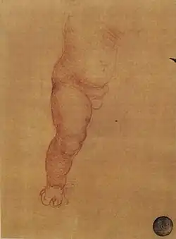 Dessin à la sanguine sur papier ocre représentant le bas du torse et la jambe droite d'un très jeune enfant debout.