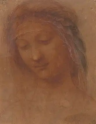 Dessin au crayon relevé à l'ocre et au blanc d'une tête de femme inclinée vers la gauche