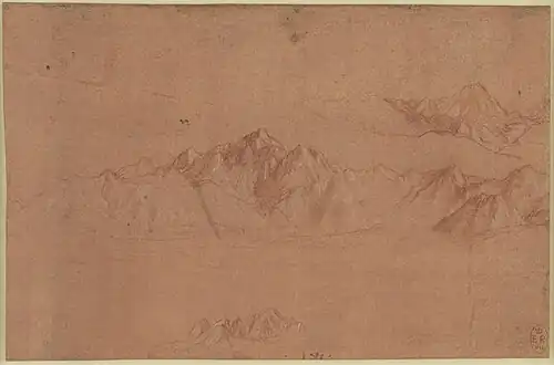 Dessin à la sanguine sur préparation rouge représentant un paysage montagneux.