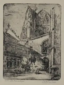 Cloître Notre-Dame de Tongres, 1920-1930 (gravure sur papier ; Inv. musée de la Vie wallonne no&nbsp;MVW-2036493 ; 24,5&nbsp;×&nbsp;19&nbsp;cm), Liège, musée de la Vie wallonne.