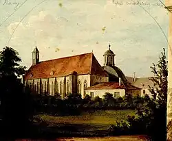 Aquarelle représentant le profil sud de l'église des Cordeliers et les parties visible de la chapelle ducale et du couvent. Le premier plan est occupé par un champ et un environnement boisé.