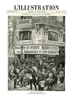 « L'agitation boulangiste. La foule devant les bureaux de La Cocarde » consécutivement à la radiation de Boulanger des cadres de l'armée (L'Illustration 24 mars 1888).
