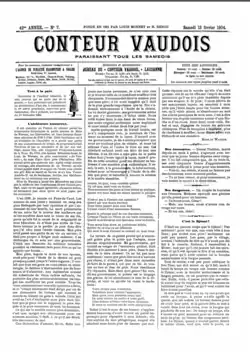 Première page du journal Le Conteur Vaudois, avec L'alchimiste amoureux de Madame de Warens, extrait des Mémoires, publié le 13 février 1904