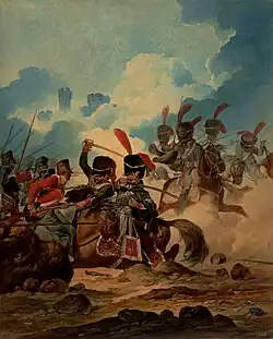 Des fantassins vêtus de rouge, à gauche, attaquent à la baïonnette un cavalier français démonté, que tentent de protéger ses camarades.