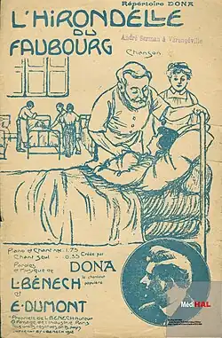 Description de l'image L'hirondelle du faubourg - chanson créée par Dona le chanteur populaire - Répertoire Dona -Gaston Dona- -illustration Léon Pousthomis- (MédiHAL 510908).jpg.
