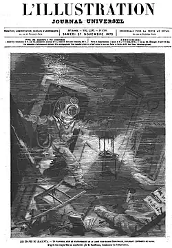 Gravure représentant un scaphandrier à l'intérieur d'un bateau