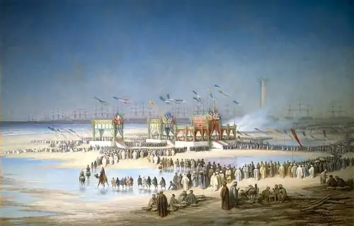 L'Inauguration du canal de Suez, aquarelle de  L'Album de l'Impératrice. Voyage pittoresque à travers l’isthme de Suez, 1869, Paris, Association du Souvenir de Ferdinand de Lesseps et du Canal de Suez.