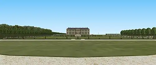 Vue du château de l'Étang depuis le bout du grand parterre, vers 1705.