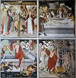 Scènes 22 et 23, au registre supérieur (La descente de la Croix, La mise au tombeau), scènes 24 et 25, au registre inférieur (La Résurrection du Christ, La descente aux Enfers).