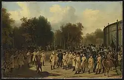 scène de vènerie avec un équipage au milieu d'une route