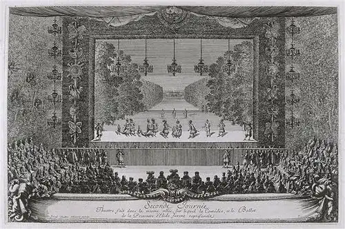 Gravure d'époque représentant une scène, son décor et le public de dos, avec le roi au centre.