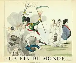 Caricature en couleur mettant en scène Napoléon Bonaparte, Cambacérès et d'autres personnages dont des femmes.