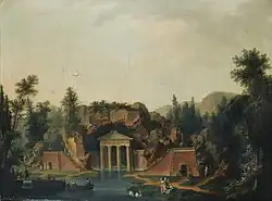 Peinture (huile sur toile d’avant 1795, 96 x 128 cm) montrant le grand Rocher et des gens se promenant et sur une barque sur le bassin devant celui-ci.