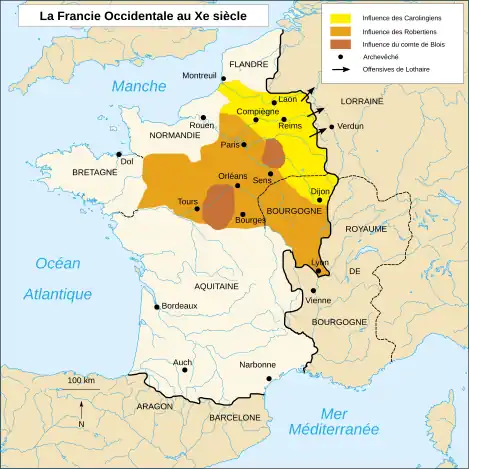 carte de la Francie occidentale occupant les deux tiers ouest de la France actuelle, avec les offensives de Lothaire vers l'est en direction de la Lorraine et de Verdun