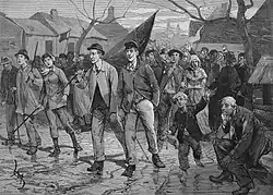 Gravure montrant un groupe d'ouvriers des deux sexes en marche, drapeaux au vent