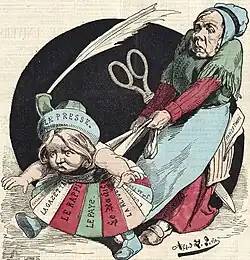 Caricature d'une femme âgée retenant par des sangles une petite fille qui essaye de partir vers l'avant.