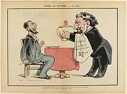 Caricature montrant un homme apportant une soupière à un autre homme assis à table, la bouche ouverte.