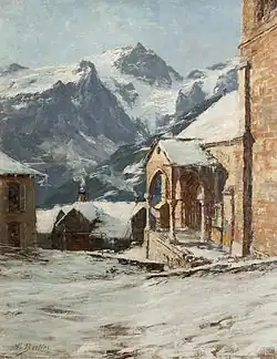 Peinture représentant la façade d'une église sur la droite, avec quelques maisons au second plan à gauche, et des montagnes englacées en arrière-plan.