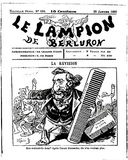 Gravure montrant un homme barbu souriant, un grand peigne à la main.