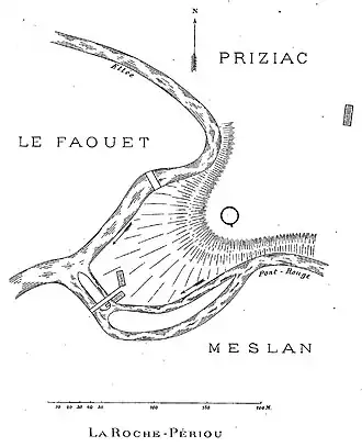 Plan du site du château de La Roche Périou (dessin de Joseph-Marie Le Mené, 1907).