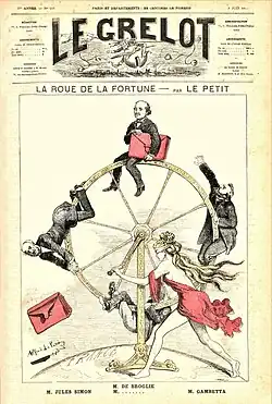 Caricature de presse montrant des hommes surmontant une grande roue actionnée par une femme.