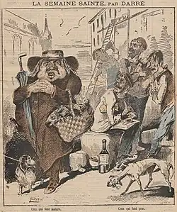 Dessin en couleurs représentant un religieux ventripotent cheminant avec un panier débordant de poissons et un groupe d'ouvriers faméliques se contente d'un saucisson et d'une bouteille de vin.