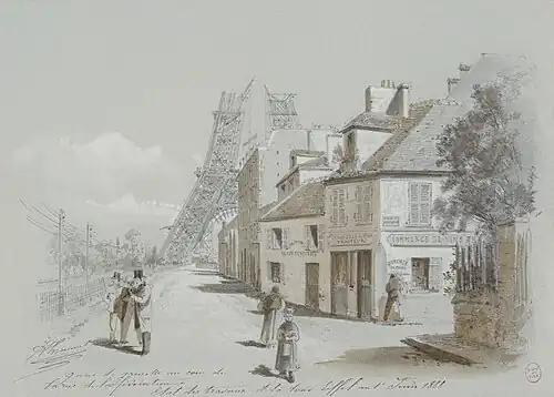 Angle avec le quai de Grenelle en 1888, avec la tour Eiffel en construction (dessin de Jules-Adolphe Chauvet).