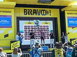 Podium du classement individuel de l'UCI World Tour 2019 avec la remise du maillot violet de leader du classement général à l'issue de La course by Le Tour de France 2019 à Pau : 1er Annemiek van Vleuten