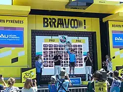 Podium du classement de l'UCI World Tour avec la remise du maillot bleu de leader du classement de la meilleure jeune à l'issue de La course by Le Tour de France 2019 à Pau : 1er Marta Cavalli