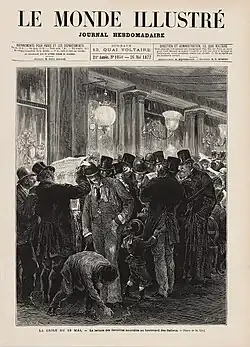 Dessin de presse montrant un attroupement d'hommes lisant des journaux.