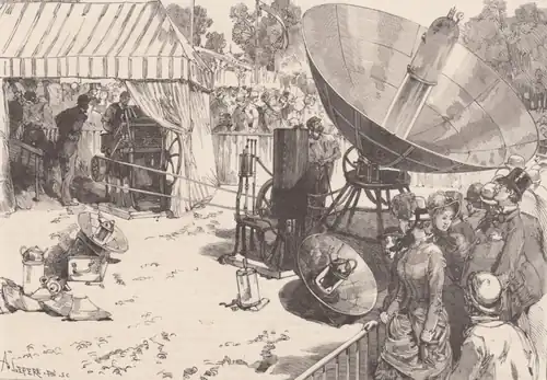 La fête de la jeunesse aux Tuileries - Tirage du Soleil-Journal par le moteur solaire d'Abel Pifre (basé sur Mouchot) en août 1882.