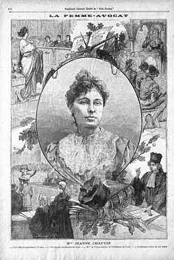 Couverture d'une revue illustrée avec une femme blanche en médaillon et autour des illustrations de plaidoirie.