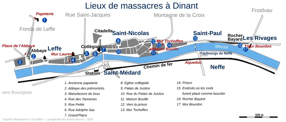 Carte de Dinant où figurent les sept principaux lieux de massacres de masse.