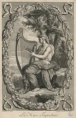 La muse Terpsichore, gravure de Bernard Picart d'après Eustache Le Sueur (XVIIIe&nbsp;siècle).