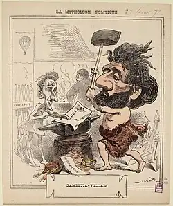 Dessin d'un homme barbu tapant avec son marteau sur une enclume dans une forge.