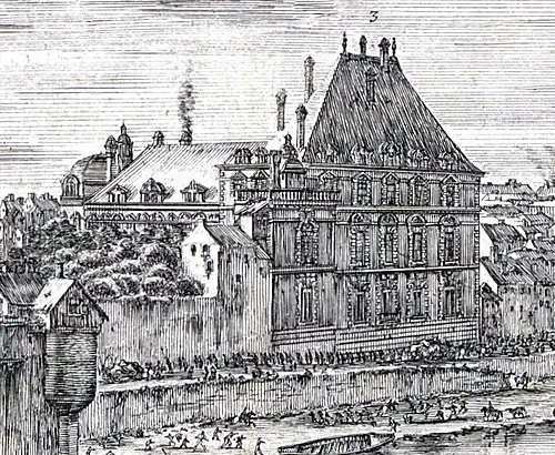 Stefano della Bella, La Perspective du Pont neuf de Paris, détail du pavillon nord de l'hôtel, gravure, 1646, BnF.